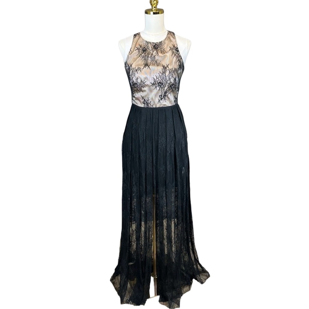 JS Collection Black Lace Maxi Dress‎ Sheer Skirt High Slit Racerback Cutout Gown - Picture 3 of 10